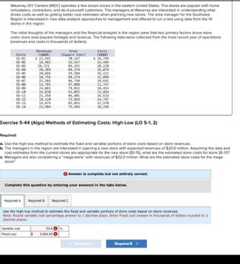 Waveney DIY Centers (WDC) operates a few dozen stores in the eastern United States. The stores are popular with home
remodelers, contractors, and do-it-yourself customers. The managers at Waveney are interested in understanding what
drives costs as well as getting better cost estimates when planning new stores. The area manager for the Southeast
Region is interested in new data analysis approaches to management and offered to run a test using data from the 14
stores in the region.
The initial thoughts of the managers and the financial analysts in the region were that two primary factors drove store
costs: store area (square footage) and revenue. The following data were collected from the most recent year of operations
(revenues and costs in thousands of dollars).
Revenues
(5000)
Costs
(5000)
Store
SE-01
Area
(Square Feet)
$ 21,545
70,147
$ 16,799
SE-02
16,482
52,417
13,495
SE-03
26,721
84,331
20,210
SE-84
20,389
68,374
16,079
SE-05
20,666
59,509
16,112
SE-06
18,756
68,374
15,099
SE-07
25,505
96,748
19,691
SE-08
13,701
47,098
11,747
SE-09
24,081
79,012
18,453
SE-10
16,830
63,055
13,864
SE-11
21,358
66,601
16,633
SE-12
18,120
73,693
14,797
SE-13
14,674
63,055
12,570
SE-14
23,904
75,466
18,294
Exercise 5-44 (Algo) Methods of Estimating Costs: High-Low (LO 5-1, 2)
Required:
a. Use the high-low method to estimate the fixed and variable portions of store costs based on store revenues.
b. The managers in the region are interested in opening a new store with expected revenues of $20.0 million. Assuming the data and
cost estimates from the current stores are appropriate for the new store (SE-15), what are the estimated store costs for store SE-15?
c. Managers are also considering a "mega-store" with revenues of $32.0 million. What are the estimated store costs for the mega
store?
Answer is complete but not entirely correct.
Complete this question by entering your answers in the tabs below.
Required A Required B Required C
Use the high-low method to estimate the fixed and variable portions of store costs based on store revenues.
Note: Round variable cost percentage answer to 1 decimal place. Enter Fixed cost answer in thousands of dollars rounded to 2
decimal places.
Variable cost
Fixed cost
54.6
%
3,984.00
Required A
Required B >