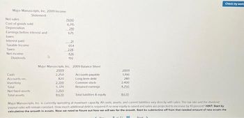 Major Manuscripts, Inc. 2009 Income
Statement
Net sales
Cost of goods sold
Depreciation
Earnings before interest and
taxes
Interest paid
Taxable Income
Taxes
Net income:
Dividends
Cash
Accounts rec
Inventory
Total
Net fixed assets
Total assets
2.300
5,370
7,500
6,715
210
675
3.260
8.630
21
654
Major Manuscripts, Inc. 2009 Balance Sheet
2009
2,250
820
228
426
192
Accounts payable
Long-term debt
Common stock
Retained earnings
2009
1,700
280
2.400
4.250
Total abilities & equity
8630
Major Manuscripts, Inc. is currently operating at maximum capacity. All costs, assets, and current liabilities vary directly with sales. The tax rate and the dividend
payout ratio will remain constant. How much additional debt is required if no new equity is raised and sales are projected to increase by 10 percent? HINT: Start by
calculating the arowth in assets. Now we need to figure out how we will oav for the arowth. Start by subtracting off from that needed amount of new assets the
5 17 111
Check my work
Mat