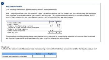 !
Required information
[The following information applies to the questions displayed below.]
Abel Company manufactures two products called Deluxe and Regular that sell for $67 and $42, respectively. Each product
uses only one type of raw material that costs $3 per kilogram. The company has the capacity to annually produce 48,000
units of each product. Its unit costs for each product at this level of activity are given below:
Direct materials
Direct labour
Variable manufacturing overhead
Traceable fixed manufacturing overhead
Variable selling expenses
Common fixed expenses
Cost per unit
Deluxe Regular
$ 14
$ 4
9
7.50
3.00
4.50
7
11
4
4
6.00
7
$ 43 $ 38
The company considers its traceable fixed manufacturing overhead to be avoidable, whereas its common fixed expenses
are deemed unavoidable and have been allocated to products based on sales dollars.
Required:
1. What is the total amount of traceable fixed manufacturing overhead for the Deluxe product line and for the Regular product line?
Traceable fixed manufacturing overhead
Deluxe
Regular