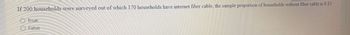 If 200 households were surveyed out of which 170 households have internet fiber cable, the sample proportion of households without fiber cable is 0.15
True
False