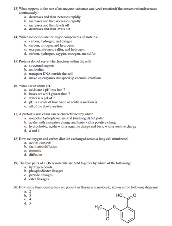 13) What happens to the rate of an enzyme-substrate catalyzed reaction if the concentration decreases
continuously?
a. decreases and then increases rapidly
b. increases and then decreases rapidly
c. increases and then levels off
d. decreases and then levels off
14) Which molecules are the major components of proteins?
a. carbon, hydrogen, and oxygen
b. carbon, nitrogen, and hydrogen
c. oxygen, nitrogen, sulfur, and hydrogen
d. carbon, hydrogen, oxygen, nitrogen, and sulfur
15) Proteins do not serve what function within the cell?
a. structural support
b. antibodies
c. transport DNA outside the cell
d. make up enzymes that speed up chemical reactions
16) What is true about pH?
a. acids are a pH less than 7
b. bases are a pH greater than 7
c. water is a pH of 7
d. pH is a scale of how basic or acidic a solution is
e. all of the above are true
17) A protein's side chain can be characterized by what?
a. nonpolar hydrophobic, neutral (uncharged) but polar
b. acidic with a negative charge and basic with a positive charge
c. hydrophobic, acidic with a negative charge and basic with a positive charge
d. a and b
18) How are oxygen and carbon dioxide exchanged across a lung cell membrane?
a. active transport
b. facilitated diffusion
c. osmosis
d. diffusion
19) The base pairs of a DNA molecule are held together by which of the following?
a. hydrogen bonds
b. phosphodiester linkages
c. peptide linkages
d. ester linkages
20) How many functional groups are present in this aspirin molecule, shown in the following diagram?
a. 2
b. 3
C. 4
d. 5
H₂C.
HO