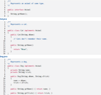 **Animal.java**

```java
/**
 * Represents an animal of some type.
 */
public interface Animal
{
    String getName();
}
```

**Cat.java**

```java
/**
 * Represents a cat.
 */
public class Cat implements Animal
{
    public Cat(String aName)
    {
        // Cats don't remember their name.
    }

    public String getName()
    {
        return "Meow";
    }
}
```

**Dog.java**

```java
/**
 * Represents a dog.
 */
public class Dog implements Animal
{
    private String name;
    private String trick;

    public Dog(String aName, String aTrick)
    {
        name = aName;
        trick = aTrick;
    }

    public String getName() { return name; }
    public String getTrick() { return trick; }
}
```

### Explanation

These are three Java files that illustrate the use of an interface and classes in object-oriented programming.

1. **Animal.java**:
   - Defines an interface `Animal` with a method `getName()`.

2. **Cat.java**:
   - Implements the `Animal` interface.
   - Contains a `Cat` class with a constructor that takes a name as a parameter.
   - The `getName()` method returns "Meow" instead of the given name, indicating cats don't remember their names.

3. **Dog.java**:
   - Implements the `Animal` interface.
   - Contains a `Dog` class with private variables `name` and `trick`.
   - The constructor initializes the `name` and `trick`.
   - The `getName()` method returns the dog's name.
   - The `getTrick()` method returns the dog's trick.