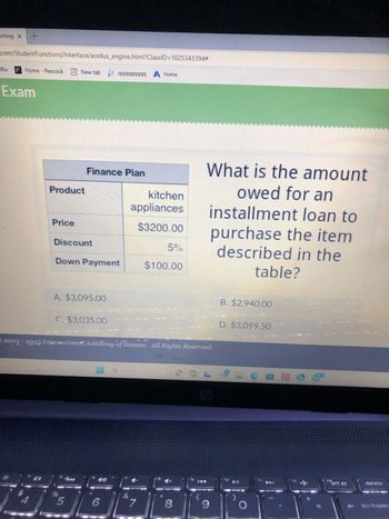 aming x +
com/StudentFunctions/Interface/acellus_engine.html?ClassID=1025343394#
New tab 999999999 A home
tflix
P Home - Peacock
Exam
Product
101
Price
Discount
Down Payment
Finance Plan
A. $3,095.00
C. $3,035.00
%
5
© 2003-2023 International Academy of Science. All Rights Reserved.
16
6
kitchen
appliances
$3200.00
Q Search
&
7
5%
$100.00
f8
00
8
What is the amount
owed for an
installment loan to
purchase the item
described in the
table?
fg
B. $2,940.00
9
D. $3,099.50
LECO
110
O
112
ins
prt sc
delete L
backspac