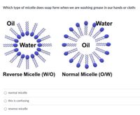 Which type of micelle does soap form when we are washing grease in our hands or cloth:
Oil
Water
Water
Oil
Reverse Micelle (W/O)
Normal Micelle (O/W)
normal micelle
this is confusing
reverse micelle

