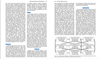 and variance across waves, and thus we excluded it
from the analysis. Missingness stemmed from
instances in which (a) a teacher remained present in
the classroom during survey administration or (b)
research assistants ran out of time during survey
administration and did not complete all measures
in the protocol. For these reasons, we used items
pertaining to ethnic-racial discrimination from peers
and non-school adults in the present analysis. For
each measure, adolescents rated items on a 5-point
Likert scale (0 = never; 4 = all the time). An explora-
tory factor analysis using the sixth-grade assess-
ment indicated that a three-factor solution best
represented the data, with 16 items pertaining to
non-school adults loading on a single factor and 18
items pertaining to peers loading on two separate
factors representing overt (nine items) and covert
(nine items) ethnic-racial discrimination, CFI = .99;
RMSEA = .03, 90% CI [.02, .03]. However, measures
of covert and overt types of peer ethnic-racial dis-
crimination were highly correlated at each wave (r-
range = .75-.82). Moreover, preliminary analyses
revealed that the final results did not vary by type
of peer ethnic-racial discrimination. Thus, we com-
bined items pertaining to overt and covert peer eth-
nic-racial discrimination into a single measure.
Internal consistency/reliability across the three
ethnic-racial groups was adequate for the measure
of discrimination from peers (αtime-range Black =
.93-98; dtime-range Dominican = .93-97; time-range
Chinese = 95-97) and for the measure of ethnic-
racial discrimination from non-school adults
(time-range Black = .95-96; time-range Domini-
can 94-.95; time-range Chinese = .92-.97). High
scores on each measure indicated more frequent
perceptions of ethnic-racial discrimination. In prior
work, trajectories of these measures of discrimina-
tion predicted academic, behavioral, and psycholog-
ical adjustment (Hughes, Del Toro et al., 2016).
Ethnicity-Race
Adolescents indicated their ethnicity-race multi-
ple times throughout the survey in each of the
3 years using both open-ended (e.g., "Please write
down the ethnic-racial group you identify with
most often") and closed-ended formats (e.g., "Are
you... White, Black or African American, Domini-
can or Dominican American, Puerto Rican, Mexican
or Mexican American, Chinese or Chinese Ameri-
can,
Other ethnicity-race"). The majority of
responses were consistent across time, but coders
resolved inconsistencies by categorizing adolescents
according to the self-label they used most often. As
Ethnic-Racial Identity and Discrimination e113
an example, Dominican American adolescent's
responses ranged from D.R., Dominican Republic,
Dominican American but all were coded as
Dominican American. One adolescent self-identified
as "African American" and "Dominican" in varied
waves but was coded as "Dominican" in accor-
dance with the mothers' identification of her child
as being "Dominican."
Covariates
In all primary analyses, we adjusted for demo-
graphic variables that have been associated with
measures of ethnic-racial identity, ethnic-racial dis-
crimination, or both in prior studies. Including sta-
tistical controls for these variables in the
autoregressive models reduced the possibility that
the ethnic-racial discrimination-identity relations
were due to an unmeasured third variable. Demo-
graphic controls included sex (0 = girl; 1= boy),
cohort (1 = Cohort 1; 2= Cohort 2), immigration sta-
tus (0 = both biological parents and the adolescent were
US born; 1 = at least one biological parent or the adoles-
cent was born abroad), and maternal education
(1= less than a high school degree; 4= a bachelor's
degree or more advanced). We also included the eth-
nic-racial diversity index (Benner & Graham, 2011),
which represents the probability of youth interact-
ing with student-peers of different ethnic-racial
groups
(0 = greater ethnic-racial homogeneity,
1 = greater ethnic-racial heterogeneity). Notably, due
to the fact that school records only provided infor-
mation on whether students were Black, Asian,
White, or Latino, the diversity index was based on
those pan-ethnic categories. Finally, we included
Rosenberg (1965)'s measure of self-esteem as a
covariate in all analyses, due to the fact that self-es-
teem has been associated with both perceived dis-
crimination (Harris-Britt, Valrie, Kurtz-Costes, &
Rowley, 2007; Verkuyten, 1998) and with compo-
nents of ethnic-racial identity (Umaña-Taylor, Var-
gas-Chanes, Garcia, & Gonzales-Backen, 2008). We
used self-esteem as measured in the sixth grade
because, on average, adolescents showed no change
in self-esteem across the three waves.
Missing Data
Missing data is a common challenge in many
longitudinal studies, including the present study.
Among the analytic sample of 387, 240 adolescents
(61.5%) contributed data at all three waves, whereas
147 (28.5%) contributed data for only two waves.
Among those with two waves of data, 77 (52%)
were recruited in seventh grade and returned to the
e114 Del Toro, Hughes, and Way
study in eighth grade. An additional 21 adolescents
(15%) participated in sixth grade, did not partici-
pate in seventh grade, but returned in eighth grade.
In all, 49 adolescents participated in sixth and sev-
enth grades but did not return to the study in
eighth grade. These two groups, one with all data
and the other with two waves of data, were
retained in the study as they were able to con-
tribute to the longitudinal parameter estimates.
Independent samples t tests comparing the 240
early adolescents with complete data to the 147
early adolescents with two waves of data on all
major constructs at each wave plus covariates indi-
cated that the two groups of students differed reli-
ably in one of the 25 independent samples t tests:
students with complete data reported greater explo-
ration in the eighth-grade (M = 2.79, SE = .06) than
their peers with incomplete data at the same assess-
ment (M = 2.57, SE= .08), t(332) = 2.13, p < .05.
According to Baraldi and Enders (2010), multiple
imputation and full information maximum likeli-
hood (FIML) perform better than other missing data
approaches (e.g., listwise deletion of cases with
missing values, or singly imputing missing values)
in the context of missing at random. Results using
FIML were similar to those using multiple imputa-
tion; thus, FIML results were retained and pre-
sented. Specifically, we retained all 387 using
maximum likelihood with robust standard errors,
which simultaneously estimates parameters using
all available data and estimates robust standard
errors in the context of non-normally distributed
Adult Ethnic-Racial
Discrimination
Sixth Grade
Ethnic-Racial Identity
Exploration
Sixth Grade
Peer Ethnic-Racial
Discrimination
Sixth Grade
data (Asparouhov & Muthén, 2010), which is the
case for adolescents' self-reports of ethnic-racial dis-
crimination in the present study.
Analytic Approach
We conducted all analyses in Mplus Version 8.3
(Muthén & Muthén, 1998-2019). We first examined
descriptive data on all key study variables at each
assessment, including means, standard deviations,
zero-order correlations, and ethnic-racial group dif-
ferences. To examine the longitudinal relations
between peer versus adult ethnic-racial discrimina-
tion and each component of ethnic-racial identity,
we estimated four cross-lagged and autoregressive
path models, one for each identity component
(Maxwell, Cole, & Mitchell, 2011; see Figure 1 for a
visual depiction). Separate models were estimated
to maintain model parsimony and because we had
insufficient statistical power to simultaneously
account for all components of identity in a single
equation. Each model included autoregressive paths
for each construct, covariation among the three con-
structs within each wave, and cross-lagged paths
among peer ethnic-racial discrimination, non-school
adult ethnic-racial discrimination, and each identity
component. In Supporting Information, we reported
our approach in model construction prior to testing
the primary research questions. To examine the
temporal ordering between discrimination and
identity, we tested whether constraining the cross-
lagged paths between two constructs to be
Adult Ethnic-Racial
Discrimination
Seventh Grade
Ethnic-Racial Identity
Exploration
Seventh Grade
Peer Ethnic-Racial
Discrimination
Seventh Grade
Adult Ethnic-Racial
Discrimination
Eighth Grade
Ethnic-Racial Identity
Exploration
Eighth Grade
Peer Ethnic-Racial
Discrimination
Eighth Grade
Figure 1. A visual depiction of a cross-lagged and autoregressive path model that examines the inter-relations among adult ethnic-racial
discrimination, ethnic-racial identity exploration, and peer ethnic-racial discrimination.