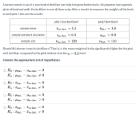 A farmer wants to see if a new kind of fertilizer can help him grow better fruits. He prepares two separate
plots of land and adds the fertilizer in one of those only. After a month he measure the weights of the fruits
in each plot. Here are the results:
plot 1 (no fertilizer)
plot2 (fertilizer)
sample mean
Ino fert. = 3.5
Tfert.
3.8
sample standard deviation
Sno fert.
0.8
Sfert.
0.9
sample size
Ngo fert. =
120
nfert. =
110
Should this farmer invest in fertilizers? That is, is the mean weight of fruits significantly higher for the plot
with fertilizer compared to the plot without it at the a = 0.1 level.
Choose the appropriate set of hypotheses.
O Ho : Hfert. – Huo fert. = 0
Ha : Hfert. - Hno fert. 7 0
Ho : ¤fcrt. – Tno fert. = 0
Ha : Ffort. – Fno fort. # 0
Ho : Hfert. - Hno fert. = 0
Ha : Hfert. - Hno fert. > 0
Ho : Tfert. – Tno fert. = 0
H. : Tfert. – Tno fert. > 0
