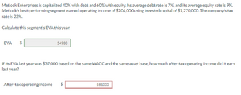 Metlock Enterprises is capitalized 40% with debt and 60% with equity. Its average debt rate is 7%, and its average equity rate is 9%.
Metlock's best-performing segment earned operating income of $204,000 using invested capital of $1,270,000. The company's tax
rate is 22%.
Calculate this segment's EVA this year.
EVA
$
54980
If its EVA last year was $37,000 based on the same WACC and the same asset base, how much after-tax operating income did it earn
last year?
After-tax operating income
181000