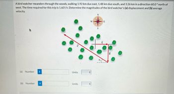 A bird watcher meanders through the woods, walking 1.92 km due east, 1.48 km due south, and 3.26 km in a direction 60.0° north of
west. The time required for this trip is 1.601 h. Determine the magnitudes of the bird watcher's (a) displacement and (b) average
velocity.
(a) Number
(b) Number
Units
Units
W
+
+
N
S
8c
E