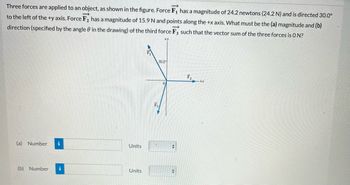 Three forces are applied to an object, as shown in the figure. Force F₁ has a magnitude of 24.2 newtons (24.2 N) and is directed 30.0°
to the left of the +y axis. Force F₂ has a magnitude of 15.9 N and points along the +x axis. What must be the (a) magnitude and (b)
direction (specified by the angle in the drawing) of the third force F3 such that the vector sum of the three forces is ON?
->>
(a) Number i
(b) Number i
Units
Units
30.0°
F₁