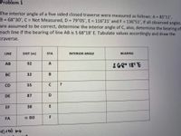 Problem 1
The interior angle of a five sided closed traverse were measured as follows: A = 85°11',
B = 68°30', C = Not Measured, D = 79°05', E = 116°21' and F = 136°51', If all observed angles
are assumed to be correct, determine the interior angle of C, also, determine the bearing of
each line if the bearing of line AB is S 68°18' E. Tabulate values accordingly and draw the
%3D
%3D
%3D
%3D
%3D
traverse.
LINE
DIST (m)
ŠTA
INTERIOR ANGLE
BEARING
АВ
92
S68 18' E
BC
32
B
CD
55
DE
87
EF
38
E
FA
= 80
45x90) n=6
C.
