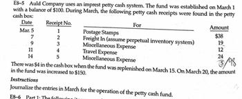 E8-5 Auld Company uses an imprest petty cash system. The fund was established on March 1
with a balance of $100. During March, the following petty cash receipts were found in the petty
cash box:
Date
For
Receipt No.
1
2
3
Mar. 5
7
9
11
14
Postage Stamps
Freight In (assume perpetual inventory system)
Miscellaneous Expense
Travel Expense
Miscellaneous Expense
There was $4 in the cash box when the fund was replenished on March 15. On March 20, the amount
in the fund was increased to $150.
4
5
Amount
$38
19
12
Instructions
Journalize the entries in March for the operation of the petty cash fund.
E8-6 Part 1: The followin
24
5/98