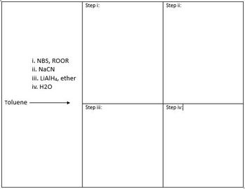 Toluene
i. NBS, ROOR
ii. NaCN
iii. LiAlH4, ether
iv. H2O
Step i:
Step iii:
Step ii:
Step iv: