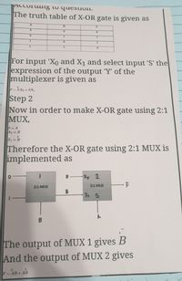 1AcLurumng to quesuOn.
The truth table of X-OR gate is given as
B.
For input 'Xo and X1 and select input 'S' the
expression of the output 'Y' of the
multiplexer is given as
F = SXo + SX,
Step 2
Now in order to make X-OR gate using 2:1
MUX,
S = A
Xo = B
X, = B
Therefore the X-OR gate using 2:1 MUX is
implemented as
2:1 MUX
2:1 MUX
The output of MUX 1 gives B
And the output of MUX 2 gives
F = AB+ AB
