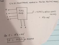 yot
C4X1 mulriplex er needed to design deuied Buffr)
4x1
mux
to(AB)
So f- A'B+AR'
F: AOBk oupput
