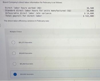 Board Company's direct labor information for February is as follows:
Direct labor hours worked (AQ)
Standard direct labor hours for units manufactured (SQ)
Unfavorable direct labor rate variance.
Total payroll for direct labor
The direct labor efficiency variance in February was:
Multiple Choice
$15,272 favorable.
$15,691 favorable.
$15,464 favorable.
$15,900 favorable.
36,500
38,000
$ 14,600
$ 532,900
