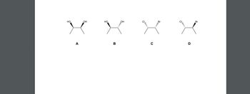 The image displays four different stereoisomers, labeled A, B, C, and D. Each molecule consists of a central carbon chain with substituents, showing stereochemistry through wedge and dash bonds, indicating different spatial orientations. 

**A.** The molecule features two hydroxyl (OH) groups attached to adjacent carbon atoms, with both groups in the plane of the screen.

**B.** Similar to molecule A, this molecule also has two hydroxyl (OH) groups. However, the group on the left is coming out of the plane (solid wedge) and the one on the right is going into the plane (hashed wedge).

**C.** This molecule has chlorine (Cl) and bromine (Br) as substituents. The chlorine is coming out of the plane (solid wedge) and the bromine is going into the plane (hashed wedge).

**D.** The positions of the bromine (Br) and chlorine (Cl) are reversed compared to molecule C. The bromine is now coming out of the plane (solid wedge) and the chlorine is going into the plane (hashed wedge).

These diagrams are an excellent example to illustrate the concept of stereoisomerism, specifically enantiomers and diastereomers, in organic chemistry.