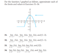 For the function f graphed as follows, approximate each of
the limits and values in Exercises 31–34:
3
1.
+
+
-4 -3 -2/-1
1 2
4
-2-
31.
lim f(x), lim f(x), lim_f(x), and f(-2).
X-2-
X-2+"
X-2
32.
lim f(x), lim f(x), lim f(x), and f(-1).
x-1-*
X-1+
X-1
33. lim f(x), lim f(x), lim f(x), and f(2).
X2-
x+2+
X+2
34. lim f(x), lim f(x), lim f(x), and lim f(x).
x-00
3.
