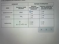 of the compound and mólecules 8f
compound
hydrogen-bonding force
Between molecules of
Between
molecules of the
formula or Lewis
name
the compound and
molecules of water?
structure
compound?
O yes
yes
hypobromous acid
no
no
yes
yes
ammonia
NH,
no
no
H
yes
yes
methanimine
H -c=N- H
no
no
O O
O O
