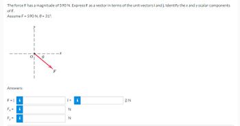 The force F has a magnitude of 590 N. Express F as a vector in terms of the unit vectors i and j. Identify the x and y scalar components
of F.
Assume F = 590 N, 0 = 31°
Answers:
F = (i
Fx= i
Fy
||
IM
F
i+
N
N
Mi
IN