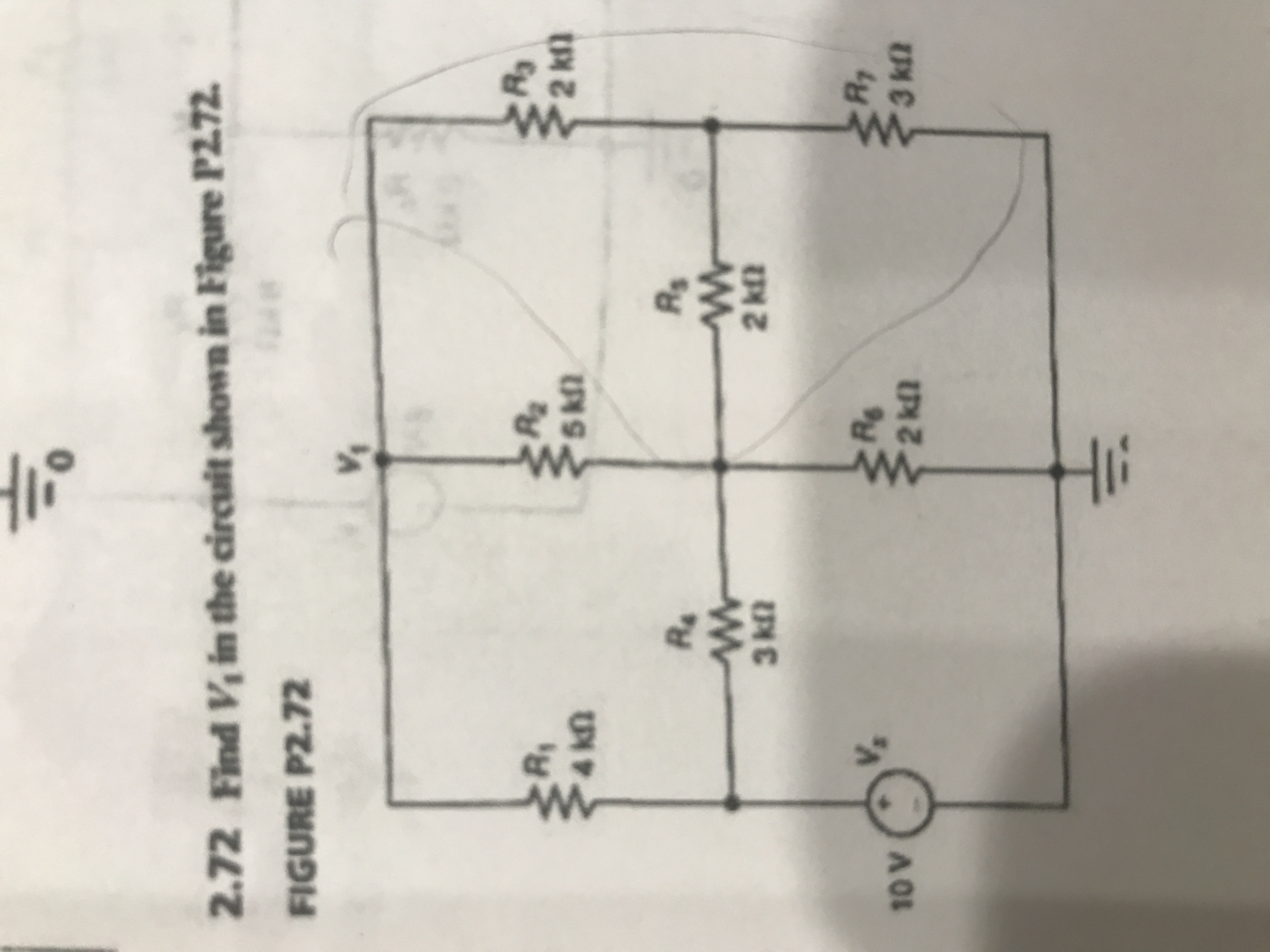 Find V in the circuit shown in Figure P272.
2.72
FIGURE P2.72
R,
4 kn
2 kl)
R.
Re
2 kfl
3 k2
R.
Rg
2 kll
Vs
3 kl2
10 V
