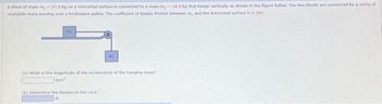 A block of mass m, 37.0 kg on a horizontal surface is connected to a mass m₂- 18.0 kg that hangs vertically as shown in the figure below. The two blocks are connected by a string of
negligible mass passing over a frictionless pulley. The coefficient of kinetic friction between my and the horizontal surface is 0.280.
mi
m
(a) What is the magnitude of the acceleration of the hanging mass?
m/s²
(b) Determine the tension in the cord.
N