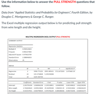 Use the information below to answer the PULL STRENGTH questions that
follow.
Data from "Applied Statistics and Probability for Engineers", Fourth Edition, by
Douglas C. Montgomery & George C. Runger.
The Excel multiple regression output below is for predicting pull strength
from wire length and die height.
MULTIPLE REGRESSION EXCEL OUTPUT (PULL STRENGTH)
SUMMARY OUTPUT
Regression Statistics
Multiple R
0.990523843
R Square
0.981137483
Adjusted R Square 0.979422709
Standard Error
2.288046833
Observations
25
ANOVA
df
S
MS
Significance F
Regression
5990.771221
2995.385611 572.1671503
1.07546E-19
Residual
22
115.1734828 5.235158308
Total
24
6105.944704
Coefficients Standard Error
t Stat
P-value
Lower 95%
Upper 95%
Intercept
2.263791434 1.060066238 2.135518851
0.04409945
0.065348623
4.462234246
Wire Length
2.744269643 0.093523844 29.34299438
3.90691E-19
2.550313062
2.938226225
Die Height
0.012527811 0.002798419 4.476746229 0.000188266
0.006724246 0.018331377
