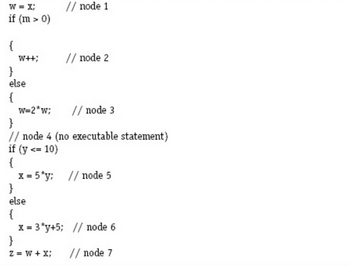 W = x;
if (m > 0)
// node 1
{
W++;
// node 2
}
else
{
w=2*w;
// node 3
}
//node 4 (no executable statement)
if (y <= 10)
{
x = 5*y;
// node 5
}
else
{
x=3y+5; //node 6
}
z = W + x;
// node 7