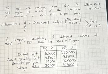 If
More
than
2
alternatives
you
are
Company
and
to
decide
of
is
trying
investment
A > Incremental analysis (Alternativ
Alternative: A > Incremental analysis
B
C
if
the
additional
increment
Worth while, compare.
pairs
wins
then
B vs C
A
Company
Considering
2
different
machines
at
MARR
at
12%
Both life
spans
=
10
years
M/C X
M/CY
Initial Cost
160000
285000
Annual Operating Cost
45000
45000
Benefits per year
Salvage Value
90000
105000
20000
40000