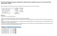 Exercise 5-13 (Algo) Changes in Selling Price, Sales Volume, Variable Cost per Unit, and Total Fixed
Costs [LO5-1, LO5-4]
Miller Company's contribution format income statement for the most recent month is shown below:
Total
Per Unit
Sales (30,000 units)
Variable expenses
$ 240,000
150,000
$ 8.00
5.00
Contribution margin
90,000
$ 3.00
Fixed expenses
50,000
$ 40,000
Net operating income
Required:
(Consider each case independently):
1. What is the revised net operating income if unit sales increase by 15%?
2. What is the revised net operating income if the selling price decreases by $1.10 per unit and the number of units sold increases by
25%?
3. What is the revised net operating income if the selling price increases by $1.10 per unit, fixed expenses increase by $8,000, and the
number of units sold decreases by 3%?
4. What is the revised net operating income if the selling price per unit increases by 20%, variable expenses increase by 30 cents per
unit, and the number of units sold decreases by 10%?
X Answer is complete but not entirely correct.
1. Net operating income
$
53,500
2. Net operating income
$
13,375
3. Net operating income
$
61,310
4. Net operating income
$
33,700
