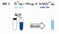 21
tube 1
Cu Caq) + 4 NH3 caq) z Cu(NH3)4 caq)
light blue
intense blue
Add HCI
ob servation
