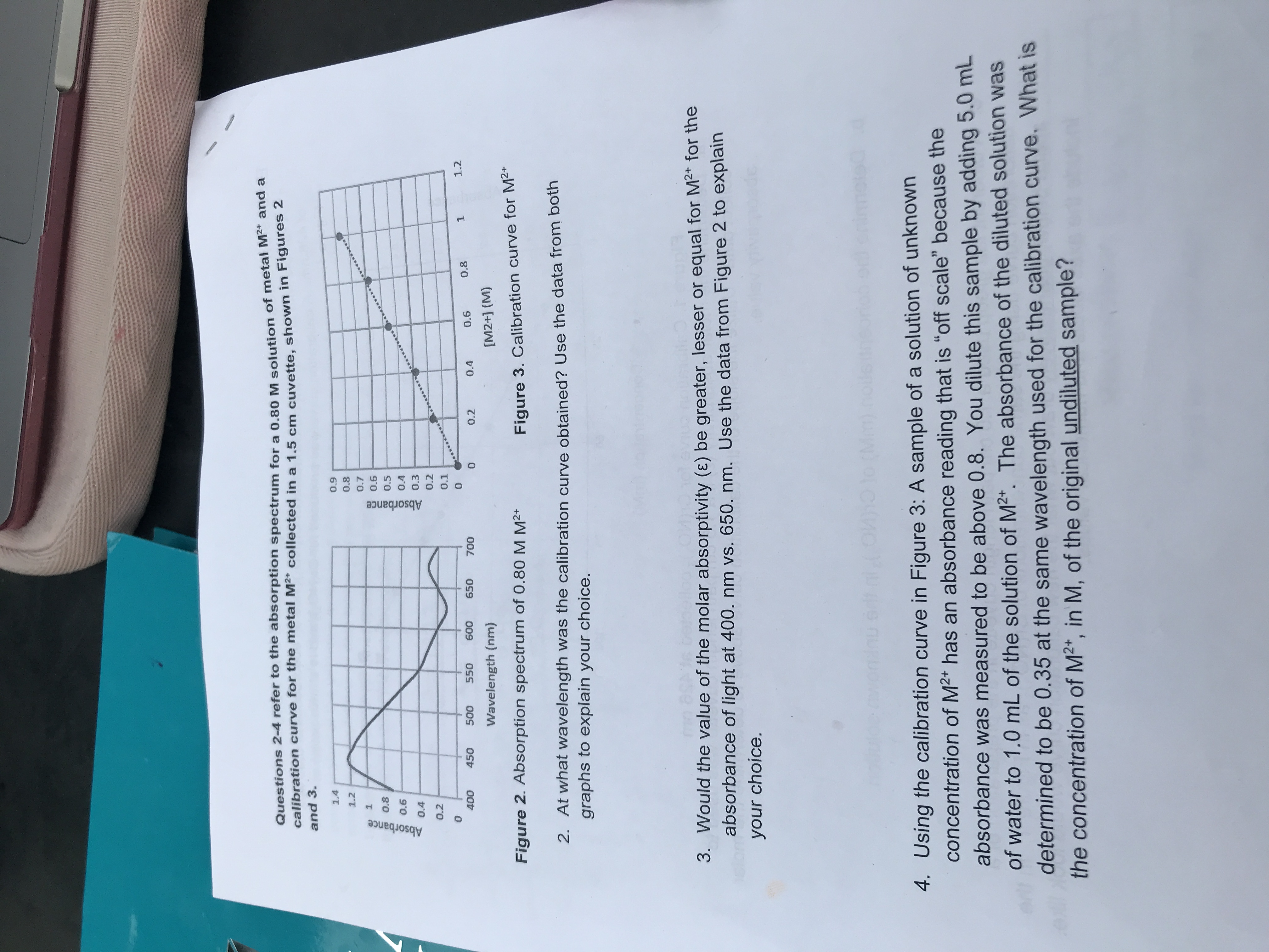 Questions 2-4 refer to the absorption spectrum for a 0.80 M solution of metal M2+ and a
calibration curve for the metal M2 collected in a 1.5 cm cuvette, shown in Figures 2
and 3.
0.9
1.4
0.8
1.2
0.7
1
0.6
0.8
0.5
0.4
0.6
0.3
0.4
0.2
0.2
0.1
1.2
0
1
0.8
0.6
600
550
650
0.4
450
500
700
400
0.2
0
[M2+] (M)
Wavelength (nm)
Figure 2. Absorption spectrum of 0.80 M M2+
Figure 3. Calibration curve for M2+
2. At what wavelength was the calibration curve obtained? Use the data from both
graphs to explain your choice.
3. Would the value of the molar absorptivity (a) be greater, lesser or equal for M for the
absorbance of light at 400. nm vs. 650. nm. Use the data from Figure 2 to explain
your choice.
4. Using the calibration curve in Figure 3: A sample of a solution of unknown
concentration of M2 has an absorbance reading that is "off scale" because the
absorbance was measured to be above 0.8. You dilute this sample by adding 5.0 mL
of water to 1.0 mL of the solution of M2*. The absorbance of the diluted solution was
determined to be 0.35 at the same wavelength used for the calibration curve. What is
the concentration of M2, in M, of the original undiluted sample?
Absorbance
Absorbance
