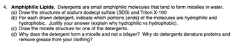 4. Amphiphilic Lipids. Detergents are small amphiphilic molecules that tend to form micelles in water.
(a) Draw the structures of sodium dodecyl sulfate (SDS) and Triton X-100
(b) For each drawn detergent, indicate which portions (ends) of the molecules are hydrophilic and
hydrophobic. Justify your answer (explain why hydrophilic vs hydrophobic).
(c) Draw the micelle structure for one of the detergents.
(d) Why does the detergent form a micelle and not a bilayer? Why do detergents denature proteins and
remove grease from your clothing?