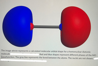 The image above represents a calculated molecular orbital shape for a homonuclear diatomic
molecule
Red and blue shapes represent different phases of the MO
vavefunction. The gray line represents the bond between the atoms. The nuclei are not shown.
