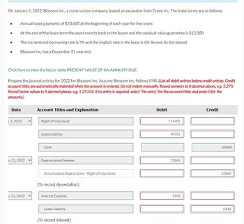 On January 1, 2022, Blossom Inc., a construction company, leased an excavator from Crane Inc. The lease terms are as follows:
•
Annual lease payments of $23,600 at the beginning of each year for five years
At the end of the lease term the asset reverts back to the lessor and the residual value guarantee is $12,000
The incremental borrowing rate is 7% and the implicit rate in the lease is 6% (known by the lessee)
Blossom Inc. has a December 31 year end
Click here to view the factor table PRESENT VALUE OF AN ANNUITY DUE.
Prepare the journal entries for 2022 for Blossom Inc. Assume Blossom Inc. follows IFRS. (List all debit entries before credit entries. Credit
account titles are automatically indented when the amount is entered. Do not indent manually. Round answers to O decimal places, e.g. 5,275.
Round factor values to 5 decimal places, e.g. 1.25124. If no entry is required, select "No entry" for the account titles and enter O for the
amounts.)
Date
1. 1, 2022
Account Titles and Explanation
Right-of-Use Asset
Lease Liability
Cash
c. 31, 2022
Depreciation Expense
Accumulated Depreciation - Right-of-Use Asset
(To record depreciation)
c. 31, 2022
Interest Expense
Lease Liability
(To record interest)
Debit
114301
90701
22860
5442
Credit
23600
22860
5442