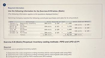 !
Required information
Use the following information for the Exercises 8-10 below. (Static)
[The following information applies to the questions displayed below.)
Hemming Company reported the following current-year purchases and sales for its only product.
Date
January 1
Activities
Beginning inventory
Units Acquired at Cost
200 units
Units Sold at Retail
January 10
Sales
March 14
March 15
Purchase
Sales
350 units
@ $10 = $2,000
@ $15
5,250
150 units
300 units
@ $40
@ $40
July 30
October 5
October 26
Purchase
Sales
450 units
Purchase
Totals
100 units
1,100 units
@ $20 =
@ $25
9,000
430 units
@ $40
2,500
$ 18750
880 units
Exercise 6-8 (Static) Perpetual: Inventory costing methods-FIFO and LIFO LO P1
Required:
Hemming uses a perpetual inventory system.
1. Determine the costs assigned to ending inventory and to cost of goods sold using FIFO.
2. Determine the costs assigned to ending inventory and to cost of goods sold using LIFO.
3. Compute the gross profit for FIFO method and LIFO method.