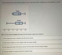 The box plots below show student grades on the most recent exam compared to overall grades in a class:
Class
Exam
50
60
70
80
90
100
Which of the following best describes the information about the medians?
O The class and exam medians are almost the same.
O The exam median is much higher than the class median.
The class and exam Q3 are the same, but the exam has the lowest median.
O The low outlier on exams pulls the median lower.
