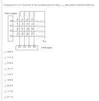 If output port A = 1011 B and the "5" key is pressed, port B will read
[Be careful to check the MSB first.]
Port A (output)
DO
4
D1
A B.
D2
D3
Vc
D3 D2 D1 DO
Port B (input)
0000 B
O 1111 B
0100 B
O 1011 B
O 1101 B
1000 B
O 0010 B
O 1110 B
0111 B
