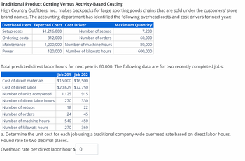 Traditional Product Costing Versus Activity-Based Costing
High Country Outfitters, Inc., makes backpacks for large sporting goods chains that are sold under the customers' store
brand names. The accounting department has identified the following overhead costs and cost drivers for next year:
Overhead Item Expected Costs Cost Driver
Setup costs
$1,216,800
Number of setups
Ordering costs
312,000
Number of orders
Maintenance
1,200,000
Number of machine hours
120,000 Number of kilowatt hours
Power
Maximum Quantity
7,200
60,000
80,000
600,000
Total predicted direct labor hours for next year is 60,000. The following data are for two recently completed jobs:
Job 201 Job 202
$15,000 $16,500
Cost of direct materials
Cost of direct labor
$20,625 $72,750
Number of units completed
1,125
915
Number of direct labor hours
270
330
Number of setups
18
22
Number of orders
24
45
Number of machine hours
540
450
Number of kilowatt hours
270
360
a. Determine the unit cost for each job using a traditional company-wide overhead rate based on direct labor hours.
Round rate to two decimal places.
Overhead rate per direct labor hour $0