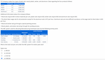 ### Cost Analysis of Patio Sets Production

TC Company manufactures four types of patio sets: wood, plastic, wicker, and aluminum. Below is a comprehensive breakdown of the production data and cost allocation using the Activity-Based Costing (ABC) system.

#### Production Data

| Product Type | DLHs/unit | Annual Production |
|--------------|-----------|-------------------|
| Wood         | 2.0       | 1,000 units       |
| Plastic      | 1.0       | 2,000 units       |
| Wicker       | 5.0       | 5,000 units       |
| Aluminum     | 3.0       | 10,000 units      |

#### Additional Information

- **Direct Material Costs:**
  - Wood: $40 per unit
  - Plastic: $20 per unit
  - Wicker: $60 per unit
  - Aluminum: $50 per unit

- **Direct Labor Wage Rate:**
  - Standard rate: $15/hour
  - Aluminum: $20/hour due to production difficulty

- **Processes:**
  - Wood and wicker sets undergo a special painting process.
  - Wood, plastic, and wicker sets include a sanding process.

#### ABC System for Manufacturing Overhead Costs

The ABC system categorizes costs into activity pools, each defined by activity measures:

| Activity Cost Pool | Activity Measure | Estimated Cost | Level of Activity         |
|--------------------|------------------|----------------|---------------------------|
|                    |                  |                | Wood | Plastic | Wicker | Aluminum |
| Mach setups        | # of setups      | $136,000       | 100  | 100     | 500    | 1,000    |
| Painting           | # pints used     | $30,000        | 250  |         | 1,250  |          |
| Sanding            | # machine hrs    | $17,500        | 250  | 500     | 1,000  |          |
| Gen. factory       | # DLHs           | $354,000       | 2,000| 2,000   | 25,000 | 30,000   |

#### Cost Calculation

The total cost per unit under the ABC system for wicker patio sets is calculated. 

##### Question:

What is the total cost per unit under the ABC system for wicker patio sets?

##### Options:

- a. $