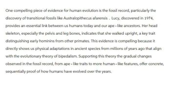 One compelling piece of evidence for human evolution is the fossil record, particularly the
discovery of transitional fossils like Australopithecus afarensis. Lucy, discovered in 1974,
provides an essential link between us humans today and our ape - like ancestors. Her head
skeleton, especially the pelvis and leg bones, indicates that she walked upright, a key trait
distinguishing early hominins from other primates. This evidence is compelling because it
directly shows us physical adaptations in ancient species from millions of years ago that align
with the evolutionary theory of bipedalism. Supporting this theory the gradual changes
observed in the fossil record, from ape- like traits to more human-like features, offer concrete,
sequentially proof of how humans have evolved over the years.