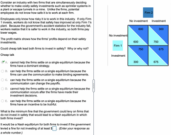 Consider an industry with two firms that are simultaneously deciding
whether to make costly safety investments such as sprinkler systems in
a plant or escape tunnels in a mine. Unlike the firms, potential
employees do not know how safe it is to work at each firm.
Employees only know how risky it is to work in this industry. If only Firm
1 invests, workers do not know that safety has improved at only Firm 1's
plant. Because the government's accident statistics for the industry fall,
workers realize that it is safer to work in the industry, so both firms pay
lower wages.
The profit matrix shows how the firms' profits depend on their safety
investments.
Could cheap talk lead both firms to invest in safety? Why or why not?
Cheap talk
A. cannot help the firms settle on a single equilibrium because the
firms have a dominant strategy.
B. can help the firms settle on a single equilibrium because the
firms can use the communcation to make binding agreements.
OC. can help the firms settle on a single equilibrium because the
communication can change the payoffs.
D. cannot help the firms settle on a single equilibrium because the
communication occurs after the firms have made their
investment decisions.
O E. can help the firms settle on a single equilibrium because the
firms have an incentive to be truthful.
What is the minimum fine that the government could levy on firms that
do not invest in safety that would lead to a Nash equilibrium in which
both firms invest?
It would be a Nash equilibrium for both firms to invest if the government
levied a fine for not investing of at least $. (Enter your response as
a whole number.)
—…………….
No investment
Firm 1
Investment
No investment
600
600
300
Firm 2
750
Investment
750
675
300
675