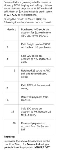 Seesaw Ltd is a growing retail business in
Hornsby NSW, buying and selling children
socks. Seesaw buys socks at $12 each and
sells them at $18, and extends credit terms
of 2/7, n/30 to its customers.
During the month of March 2022, the
following inventory transactions occurred:
March 1
Purchased 400 socks on
account for $12 each from
ABC Ltd, terms 1/7,n/30
Paid freight costs of $180
on the March 1 purchases.
2
Sold 220 socks on
4
account to XYZ Ltd for $18
each.
Returned 25 socks to ABC
Ltd, and received $300
credit.
Paid ABC Ltd the amount
7
owing.
Received payment from
12
XYZ Ltd.
Sold 100 socks on
15
account to Mr. Benson Ltd
for $18 each.
Received payment of
account from Mr Benson
20
Ltd.
Required:
Journalise the above transactions for the
month of March for Seesaw Ltd using a
periodic inventory system. IGNORE GST.
