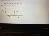 ### Electrical Circuit Analysis

A schematic diagram of an electrical circuit is shown, consisting of three resistors and one voltage source (battery). You are required to calculate the current in amps through \( R_2 \).

#### Given Values:
- Voltage \( V = 16 \, \text{V} \)
- Resistance \( R_1 = 125 \, \Omega \)
- Resistance \( R_2 = 70 \, \Omega \)
- Resistance \( R_3 = 70 \, \Omega \)

#### Circuit Diagram:
The diagram displays a circuit with a voltage source \( V \) connected in series with resistor \( R_1 \) and in parallel with resistors \( R_2 \) and \( R_3 \). The arrangement is such that \( R_2 \) and \( R_3 \) form a parallel connection, and this combination is in series with \( R_1 \).

#### Task:
Calculate the current passing through \( R_2 \) in amps.

#### Input:
Provide your numeric answer only. Do not include any units or symbols. For example, if the answer is 1.85, simply type "1.85".

\[ \text{Type your answer:} \] *[Answer box]*

*[Note: The diagram shows the voltage source and resistors in their respective series and parallel configurations. Ensure you understand the concepts of resistors in series and parallel to solve this problem.]*