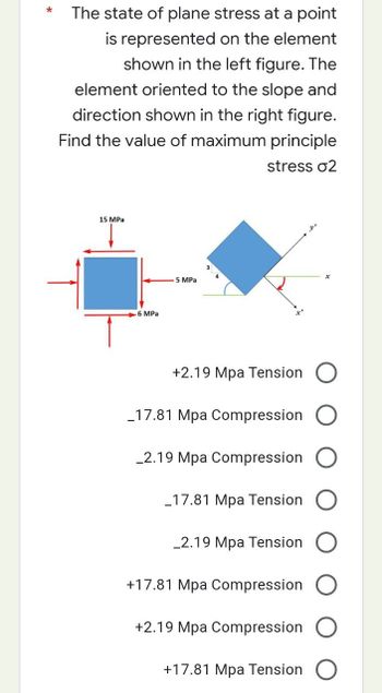 *
The state of plane stress at a point
is represented on the element
shown in the left figure. The
element oriented to the slope and
direction shown in the right figure.
Find the value of maximum principle
stress 02
15 MPa
5 MPa
+2.19 Mpa Tension O
_17.81 Mpa Compression O
_2.19 Mpa Compression O
_17.81 Mpa Tension O
-2.19 Mpa Tension O
6 MPa
+17.81 Mpa Compression
+2.19 Mpa Compression
+17.81 Mpa Tension O