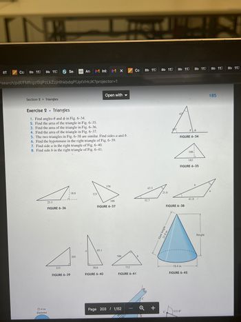 Co Bb 117 Bb 117 Sea An M Inb MX
Ana
#search/pdf/FMfcgzGqPzLkZzjHlhkbdqPfJptVHrJK?projector=1
IIT
Section 2 Triangles
Exercise 2 Triangles
1. Find angles and in Fig. 6-34.
2. Find the area of the triangle in Fig. 6-35.
3. Find the area of the triangle in Fig. 6-36.
4. Find the area of the triangle in Fig. 6-37.
5. The two triangles in Fig. 6-38 are similar. Find sides a and b.
6. Find the hypotenuse in the right triangle of Fig. 6-39.
7. Find side a in the right triangle of Fig. 6-40.
8. Find side b in the right triangle of Fig. 6-41.
23.4 in.
diameter
ZIRG
18.6
25.3
FIGURE 6-36
315
FIGURE 6-39
205
a
121
Open with
65.1
108
FIGURE 6-37
30.6
FIGURE 6-40
156
586
712
Page 203 / 1,152
FIGURE 6-41
Co
-
b
C
Bb 117
45.5
32.7
+
Bb 117 Bb 117 Bb 117
21.6
8 $
FIGURE 6-34
FIGURE 6-38
FIGURE 6-35
-18.4 in.
FIGURE 6-42
106
111.8°
182
b
41.8/
Height
Bb 117 Bb 117
185