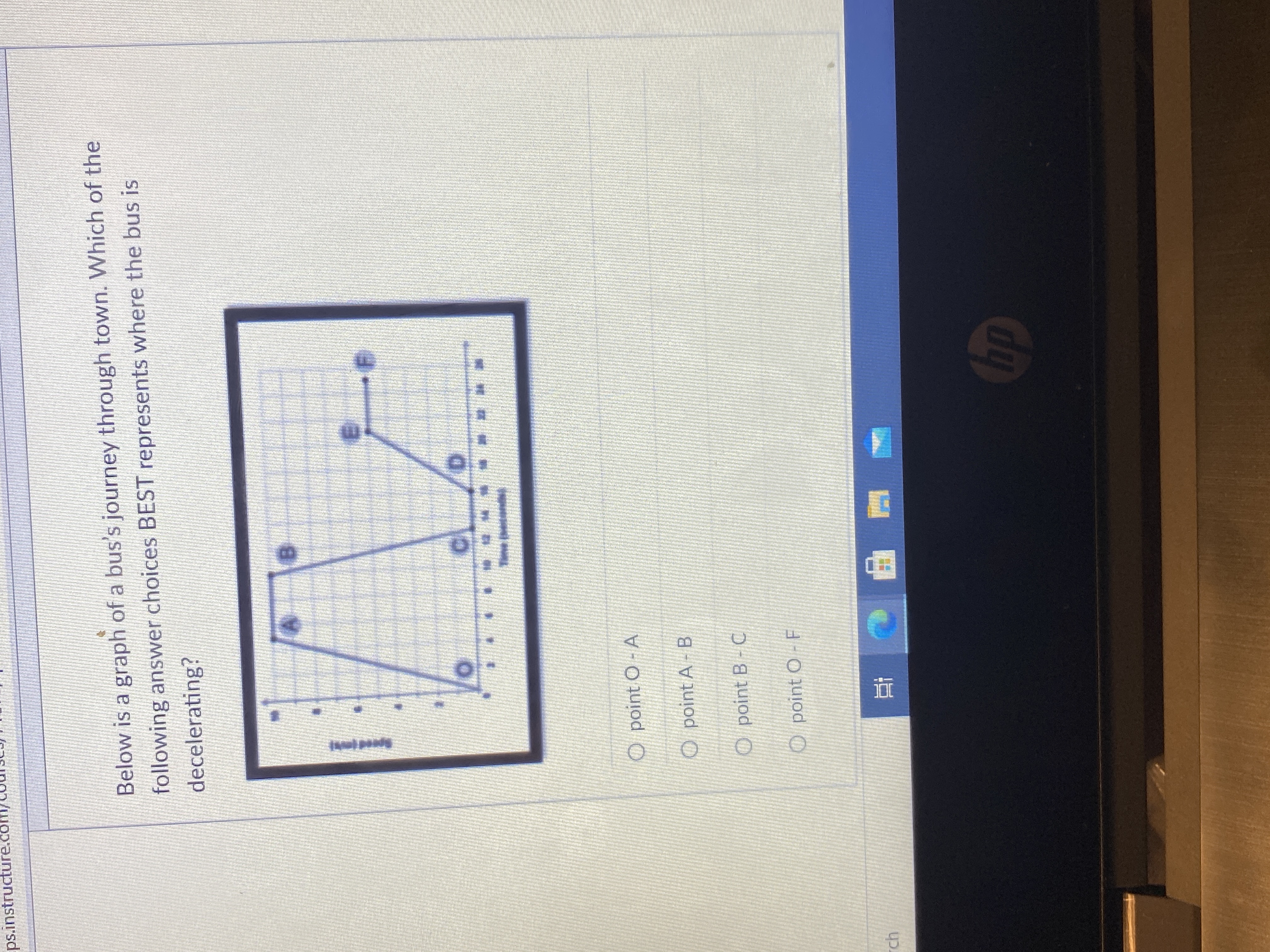 ps.instructu
Below is a graph of a bus's journey through town. Which of the
following answer choices BEST represents where the bus is
decelerating?
B.
O point O - A
O point A - B
O point B - C
O point O - F
直
dy
