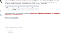 Suppose your firm is considering investing in a project with the cash flows shown below, that the required
rate of return on projects of this risk class is 13 percent, and that the maximum allowable payback and
discounted payback statistics for your company are 2.5 and 3.0 years, respectively.
Time:
1
2
3
4
5
Cash flow:
$64,900 $83,100 $140,100 $121,100 $80,300
$345,000
Print
Use the IRR decision rule to evaluate this project. (Do not round intermediate calculations and round your
final answer to 2 decimal places.)
erences
IRR
Should it be accepted or rejected?
О ассepted
O rejected

