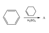 ### Conversion of Benzene to Cyclohexane

**Chemical Reaction:**

The displayed diagram is a schematic representation of a chemical reaction where benzene is converted into another compound labeled as 'A' in the presence of sulfuric acid (H₂SO₄).

**Structural Representation:**

1. **Reactant:**
   - The structure on the left is benzene, represented by a hexagonal ring consisting of alternating double bonds, illustrating its aromatic property.
   
2. **Reagent:**
   - Beneath the arrow, the reagent used is sulfuric acid (H₂SO₄).

3. **Product:**
   - The structure on the right demonstrates another ring structure with no double bonds, indicating it's cyclohexane. This is labeled as compound 'A'.

**Process Explanation:**

- **Benzene (C₆H₆)** is an aromatic hydrocarbon with accessible delocalized electrons in its π-bond system.
- **Sulfuric acid (H₂SO₄)** often acts as a catalyst or acid in organic reactions.

**Reaction Type:**

This transformation suggests the hydrogenation of benzene to cyclohexane. The presence of sulfuric acid typically indicates an acidic environment which could facilitate such a reaction, although hydrogen (H₂) would also be commonly involved in a practical scenario to provide the additional H atoms needed for full saturation of the benzene ring.

In conclusion, this explains the conversion of benzene (a stable aromatic compound) to cyclohexane (a saturated, non-aromatic compound) when subjected to sulfuric acid (H₂SO₄).