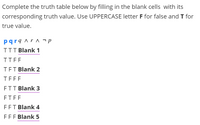 Complete the truth table below by filling in the blank cells with its
corresponding truth value. Use UPPERCASE letter F for false and T for
true value.
pqrq ^r ^ ¬p
TTT Blank 1
TTFF
TET Blank 2
TEFF
FTT Blank 3
FTFE
EFT Blank 4
FFF Blank 5
