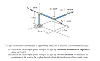 F
200 N
F3=300N
M = 100 Nm
0.4 m
F,
300N
0.5 m
0.6 m
The pipe system shown in the figure is supported by fixed joint at points O. Calculate the followings:
(2) Replace the force-couple system acting on the pipe by a resultant moment and a single force
acting on Point O.
(b) Replace the force-couple system acting on the pipe by a wrench resultant and determine the
coordinates of the point in the xz plane through which the line of action of the wrench passes.
